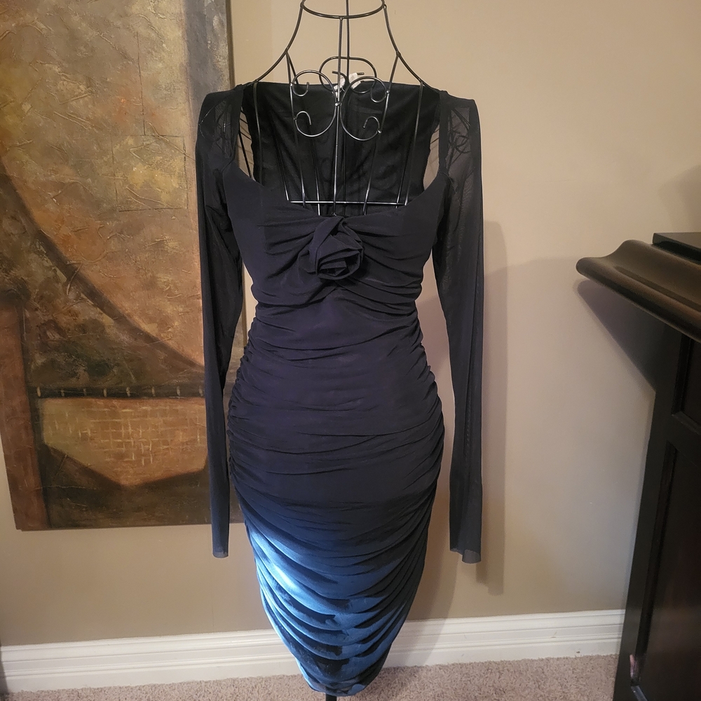 Black Long-Sleeve Ruched Midi Dress with Front Rosette